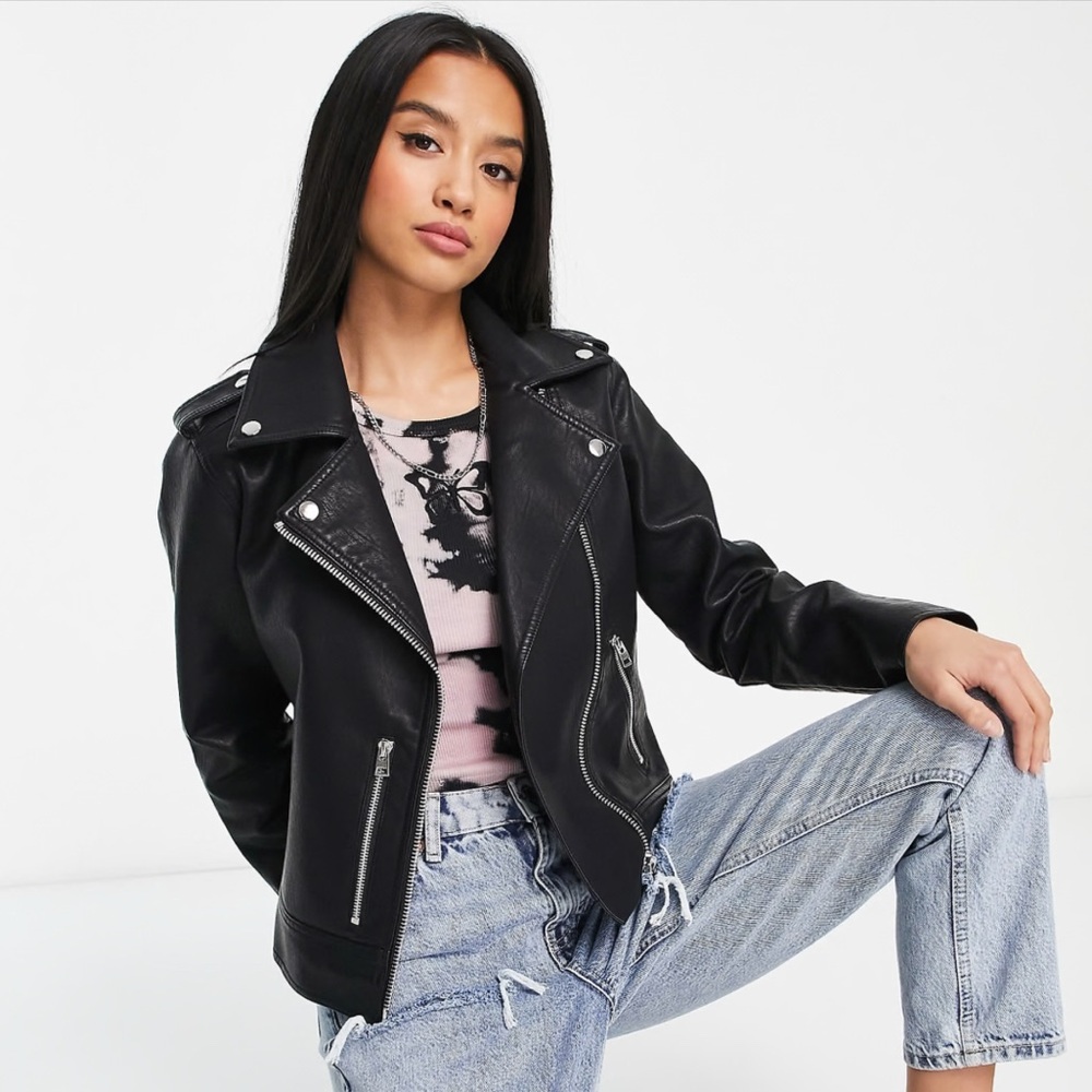 Black petite size 0 (fits like 00) Topshop Faux Leather moto jacket